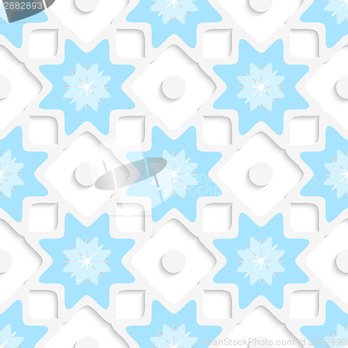 Image of White snowflakes and dots with blue top seamless