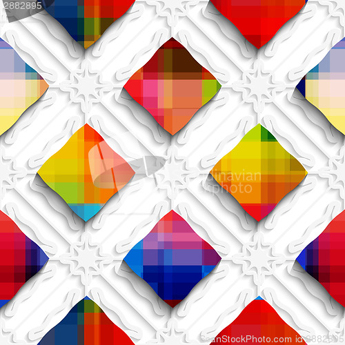 Image of Rainbow colored rectangles on white ornament seamless pattern