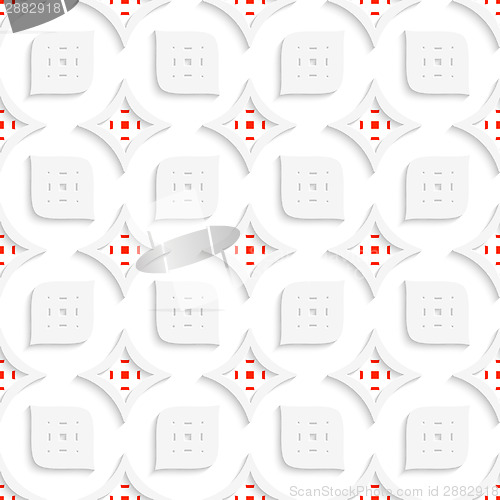 Image of White and red geometrical perforated leaves and rhombuses seamle