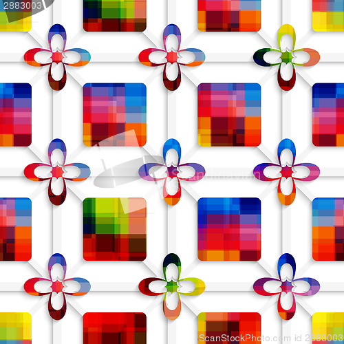 Image of Colorful squares and colorful flowers on net seamless pattern