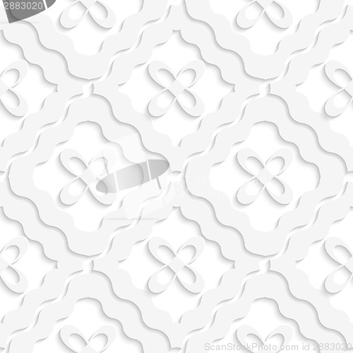 Image of Diagonal white wavy squares and flowers pattern