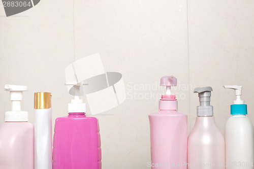 Image of Toiletry bottles in bathroom