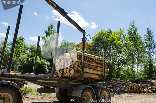 Image of crane loading cut logs on trailer in summer time 