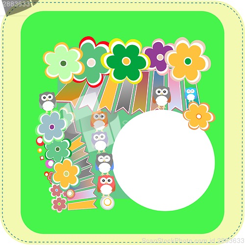 Image of birthday party elements with cute owls and birds