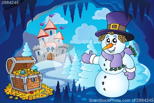 Image of Winter cave with snowman
