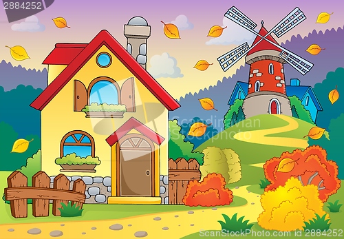 Image of Autumn theme house and windmill