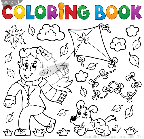 Image of Coloring book with girl and kite