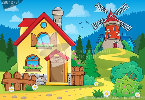 Image of Spring theme house and windmill