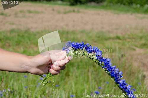 Image of woman hands make cornflower crown wreath 