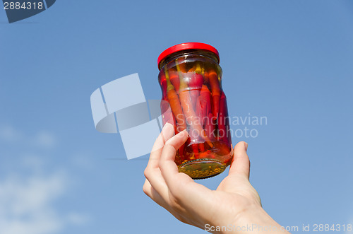 Image of chili pepper jar in hand on blue sky background 