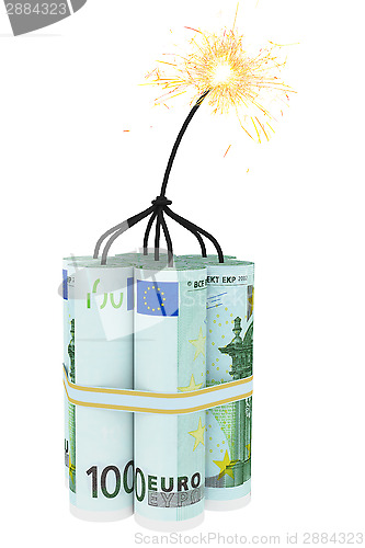 Image of Dynamite composed of euro bills with a burning wick