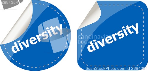 Image of diversity word on stickers button set, label