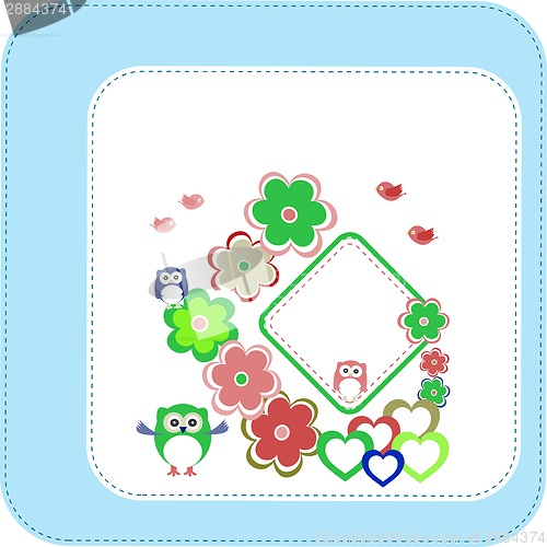 Image of owl, flower pattern for kids, invitation card