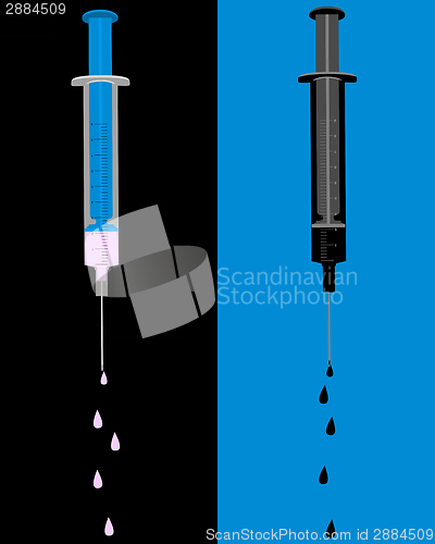 Image of Illustration of two filled and dropping injections on blue and black background
