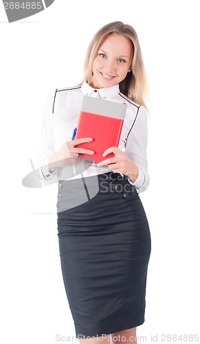 Image of portrait of smiling business woman with organizer