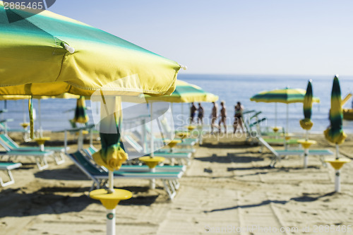 Image of Sunbeds and umbrellas on the beach