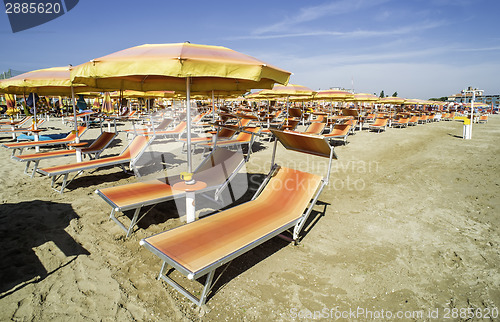 Image of Sunbeds and umbrellas on the beach