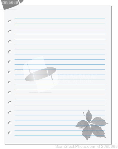 Image of Notebook paper with virginia creeper leaf at background