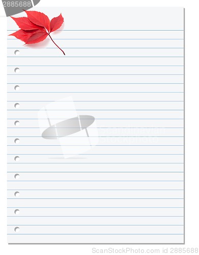 Image of Notebook paper with red autumn virginia creeper leaf in corner