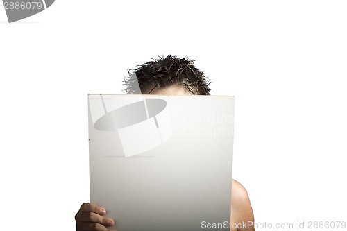 Image of White Plastic laminate sign held up by hands