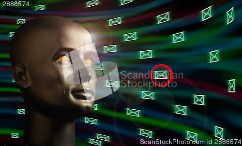 Image of Mannequin head monitoring e-mail messages in cyberspace