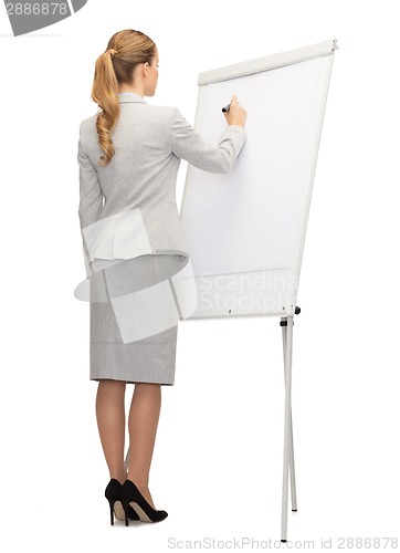 Image of businesswoman or teacher with marker from back