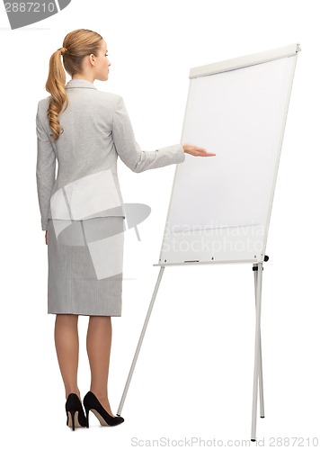 Image of businesswoman or teacher with whiteboard from back