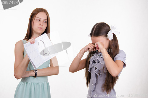 Image of Schoolgirl crying upset because of two received