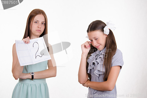 Image of Schoolgirl crying because of two received