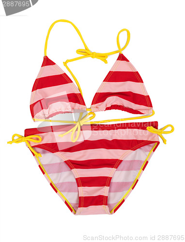 Image of Red striped swimsuit with yellow straps