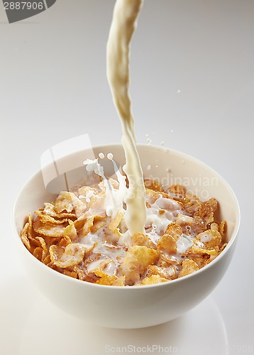 Image of milk pouring into bowl with corn flakes