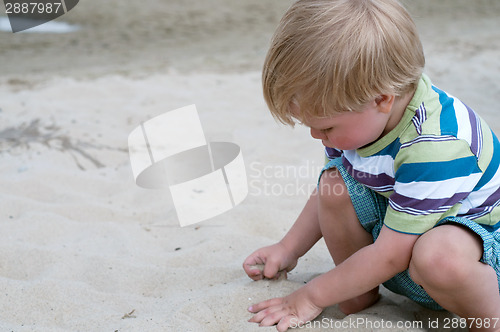 Image of Little toddler boy playind with sand