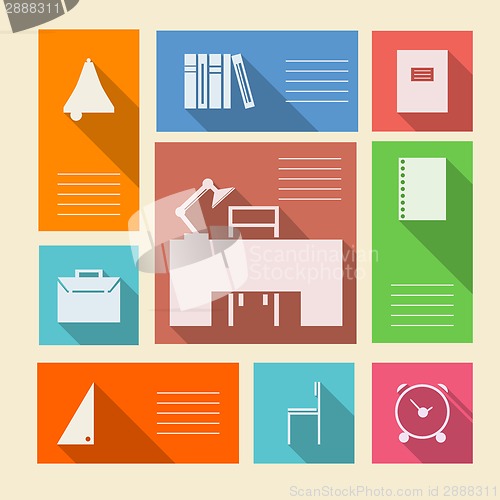 Image of Colored vector icons for school supplies with place for text