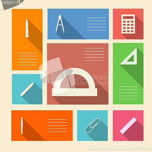 Image of Colored vector icons for school supplies with place for text