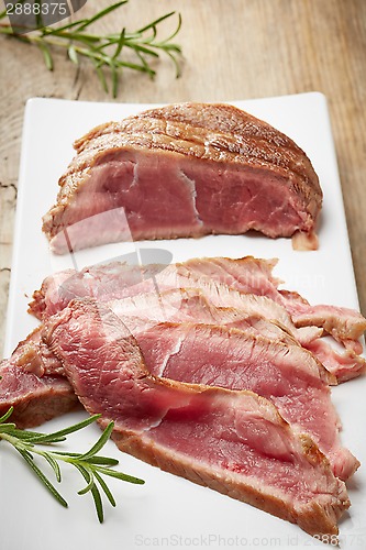 Image of sliced roast beef on white plate