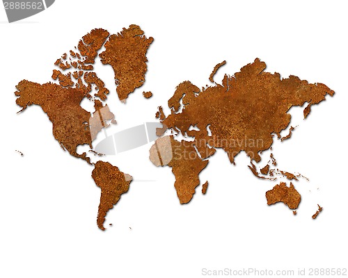 Image of Global map with rusty metal continents on white