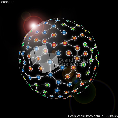 Image of Sphere network of color nodes against black