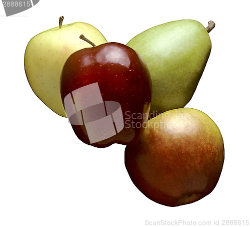 Image of Three apples and a pear floating against white