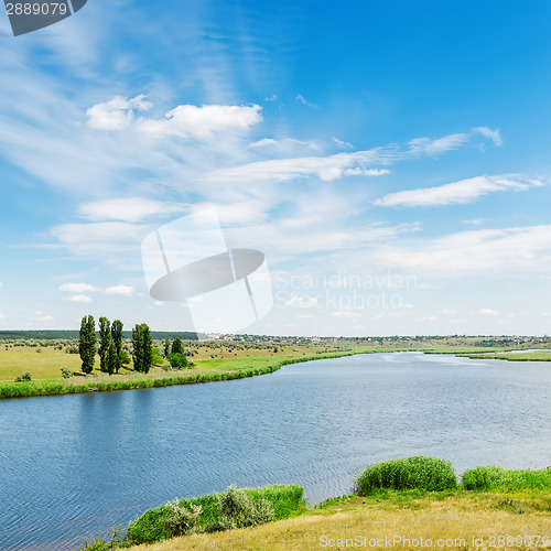 Image of view to landscape with river and clouds in blue sky