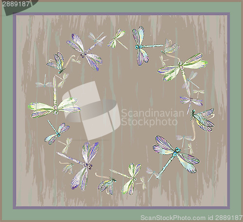 Image of Beautiful decorative framework with dragonfly. Greeting card wit