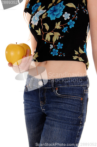 Image of Torso of woman with apples.