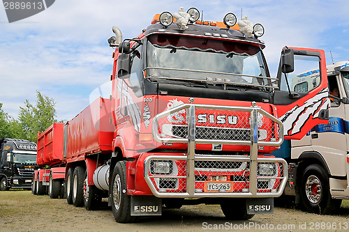 Image of Red Sisu Trailer Truck for Construction