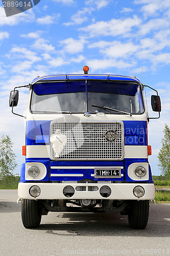 Image of Vintage Volvo F88 Blue and White Tanker Show Truck