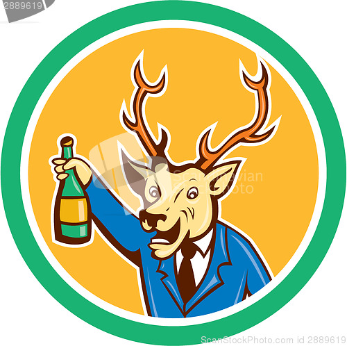 Image of Stag Deer Holding Wine Bottle Circle Cartoon