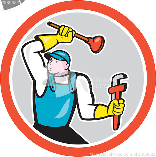 Image of Plumber Holding Wrench Plunger Cartoon