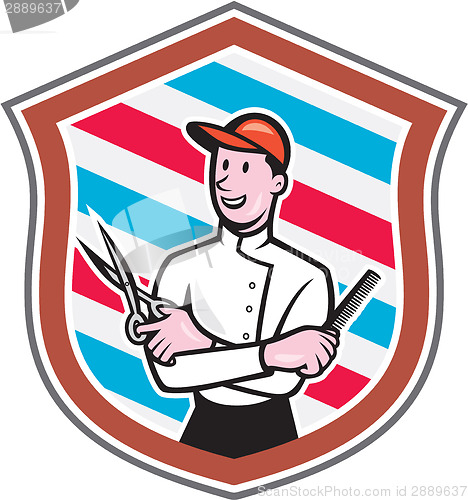 Image of Barber Holding Scissors Comb Shield Cartoon