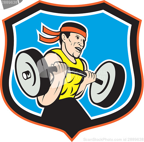 Image of Weightlifter Lifting Barbell Shield Cartoon