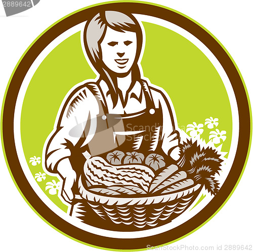 Image of Organic Female Farmer Farm Produce Harvest Woodcut