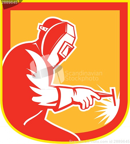 Image of Welder Holding Welding Torch Shield Retro 