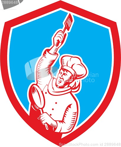 Image of Chef Cook Holding Spatula Frying Pan Shield Woodcut